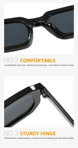 Detail of square sunglasses showing wider nose pads and durable metal hinges for comfort