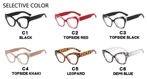 Selection of six stylish cat-eye glasses frames in assorted colors and patterns