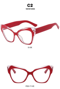 Close-up of stylish cat-eye glasses frame with red and white color blocking details