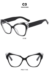 Detailed views of cat eye glasses frames showing black and white two-tone splice design