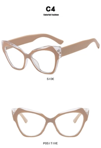 Cat eye glasses frames with transparent outer and tan inner layers showing two views