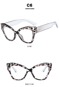 Detailed side and front view of cat-eye frames with tortoiseshell and light blue temples