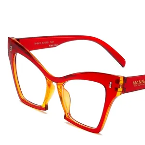 Bright red cat eye eyeglasses frame with transparent finish and anti-blue light lenses