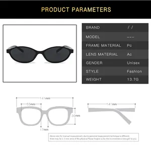 Size guide for oval sunglasses showing frame width 141mm and PC frame material specs