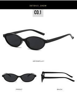 Detailed views of oval black sunglasses featuring front, back, and 45-degree profile angles