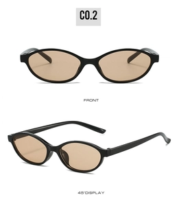 Front and 45-degree views of retro black oval sunglasses with light brown lenses