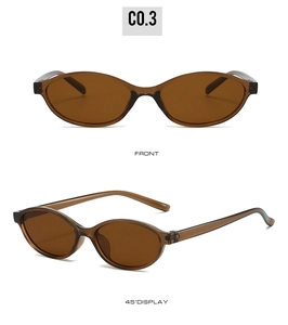 Front and 45-degree views of oval cat-eye sunglasses with retro dark brown resin frame