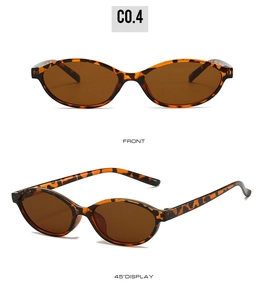 Front and 45-degree angle views of small oval leopard print sunglasses with brown lenses