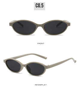 Front and side 45-degree angle views of oval sunglasses in olive frame and dark lenses