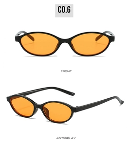 Detailed front and side views of oval sunglasses with black frames and orange lenses