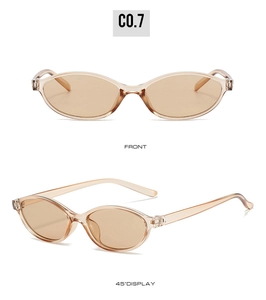Detailed front and side views of amber oval sunglasses with translucent resin frames