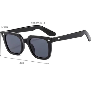 Black chunky rectangular sunglasses with silver arrow rivets and 100% UV protection