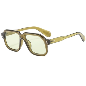 Retro square frame sunglasses with rice-shaped studs and olive green acetate finish