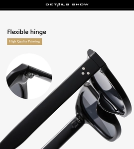 Detail view of flexible hinges and triple-dot metal rivets on vintage black sunglasses
