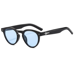 Lunettes de soleil ovales tendance, monture noire, verres bleus et étoiles argentées