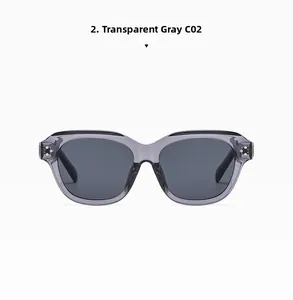 Detail of transparent grey square sunglasses frames with metal accents and dark lenses