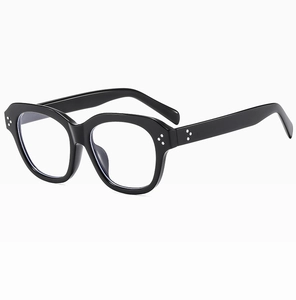 Detail view of retro square black eyeglass frames with silver triple rivet decoration