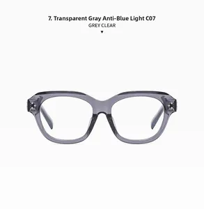 Detail of transparent grey frame glasses with anti-blue light lenses and C07 marking