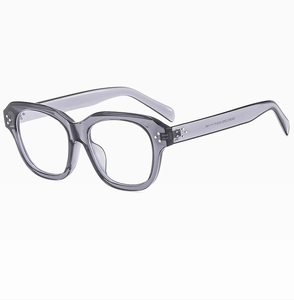 Detail view of transparent grey square frame glasses showing size temple engraving Z43810