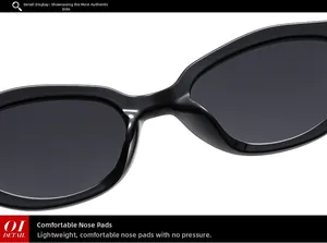 Detail view of smooth integrated nose pads on black retro cat-eye sunglasses for comfort