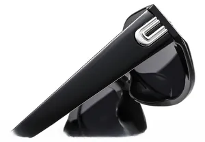 Detail view of black acetate sunglasses with silver U-shaped metal accent on temple