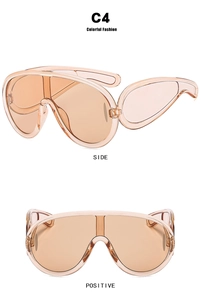 Front and side views of fashionable oversized peach orange one-piece wrap sunglasses
