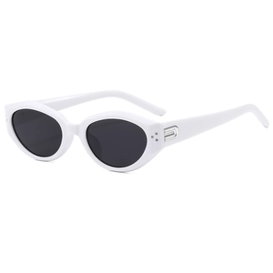 Retro white oval cat-eye sunglasses with black lenses and silver side accents