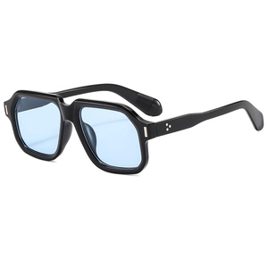 Classic large square black aviator sunglasses with vintage blue lenses and metal rivets