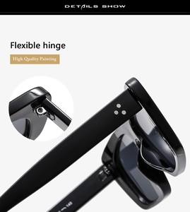 Detail of flexible metal hinges and silver triple rivets on black square sunglasses