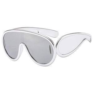 Futuristic oversized silver shield sunglasses with sleek wrap-around metallic frames