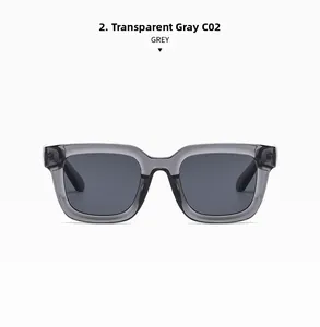Detail view of transparent grey square frame sunglasses with smoked lenses and C02 marking