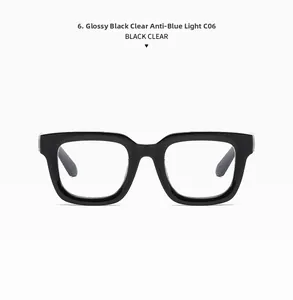 Detail view of bold black square frame glasses with anti-blue light clear lenses