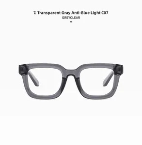 Detail view of transparent grey square frames featuring anti-blue light clear lenses