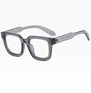 Detail view of transparent grey square frame sunglasses showing size specs on the temple