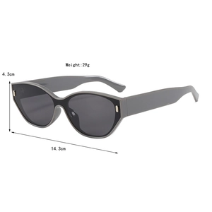 Detailed specs of cat-eye sunglasses with gray frames showing 29g weight and dimensions