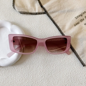 Macro detail of retro rectangular sunglasses with translucent pink frame and gradient lenses