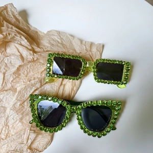 Chic green rhinestone oversized sunglasses in rectangular and cat-eye frames for parties
