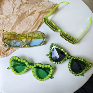 Green oversized square sunglasses with rhinestones for trendy party fashion style