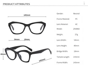 Detailed size chart showing dimensions for large black cat eye geometric frame glasses