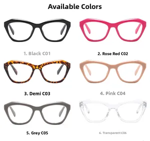 Detail showing six modern cat eye glasses frames in black, pink, and demi finishes