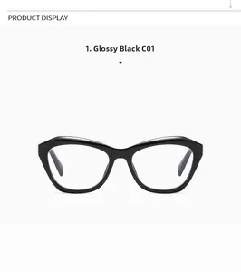 Detailed close-up of bright black cat-eye eyeglass frames with clear lenses