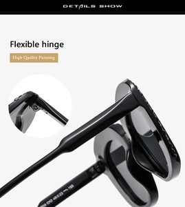 Detail of premium sunglasses featuring flexible hinges and high quality black painting