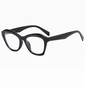 Detailed view of glossy black cat-eye eyeglass frames with high-shine polished finish