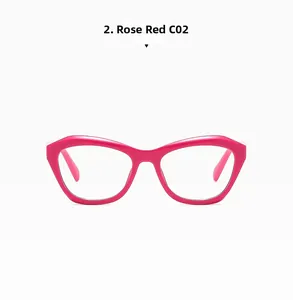 Detail view of lightweight rose red cat eye glasses frame model C02 on white background