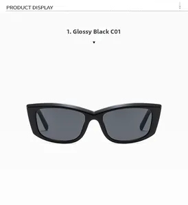 Detail view of glossy black rectangle sunglasses frame and dark grey lenses, model C01