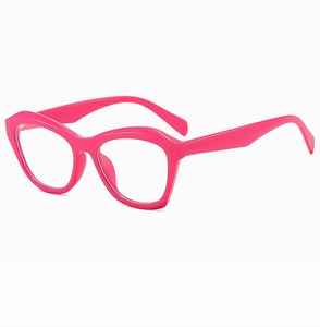 Magenta cat-eye glasses frame with wide temples and transparent lenses side view