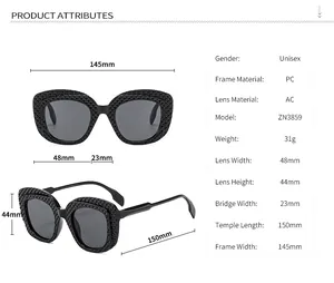 Size chart showing dimensions for these oval sunglasses with textured frames