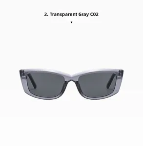 Macro detail of transparent grey cat-eye sunglasses frames and dark grey resin lenses