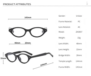 Detailed size chart showing dimensions for retro oval cat-eye eyewear frames