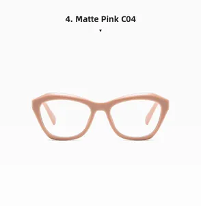Detail of pink cat-eye glasses frame C04 in a thick geometric solid pink finish
